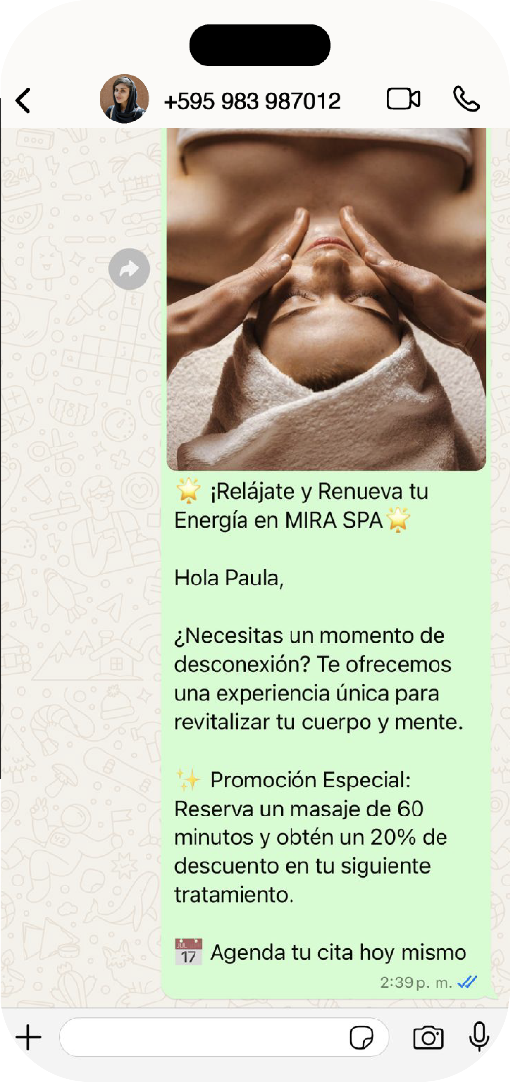 Chat de WhatsApp mostrando campañas masivas y base de datos de clientes